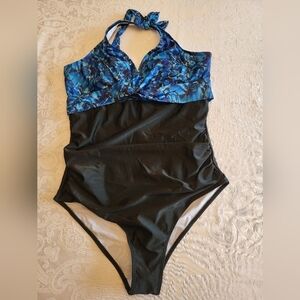 Black and Blue Floral Halter Style Swimsuit, XL, New In Bag